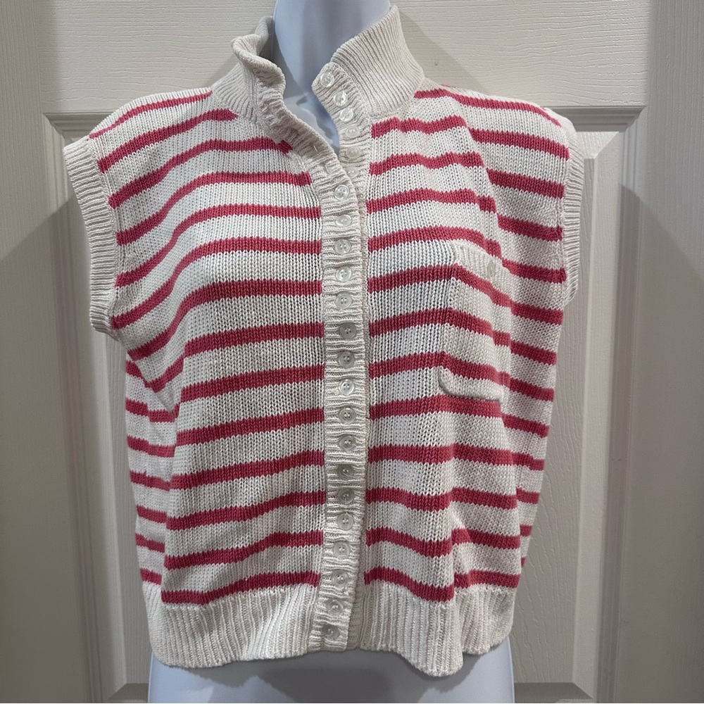 Pink & White Striped Sleeveless Vintage Sweater Small Best World
